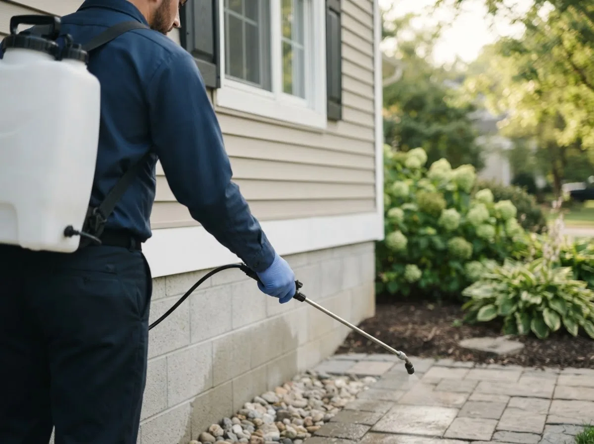 Pest control technician inspecting a home in Jolley, IA